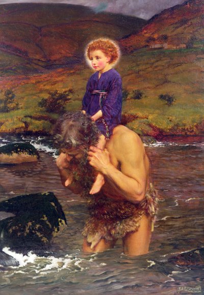 キリストの子供を運ぶ聖クリストファー（キャンバスに油彩） 作： Eleanor Fortescue Brickdale