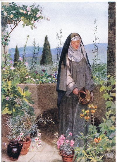 彼女が設立した修道院の庭の聖クレア (litho) 作： Eleanor Fortescue Brickdale