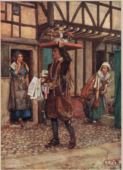 行商人、Stodder and Houghton発行の「The Book of Old English Songs and Ballads」のイラスト、1910年頃（カラーリソ） 作： Eleanor Fortescue Brickdale