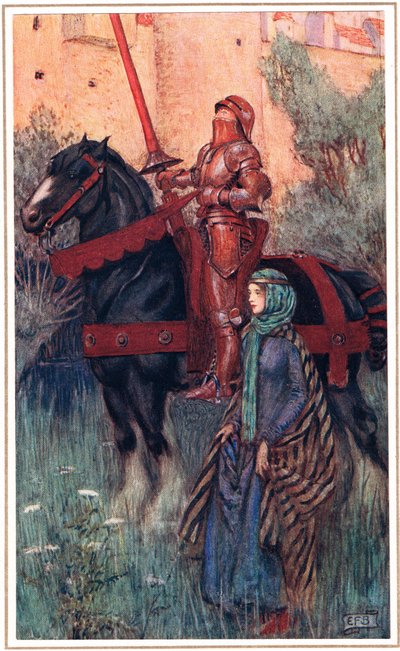 イニオルの錆びた腕は彼の王子様にあった...、アルフレッド・テニスン (1809-92) による「王の牧歌」のイラスト、ホッダー & ストートン発行 作： Eleanor Fortescue Brickdale