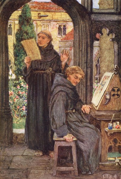 マイケル・フェアレスによる『ブラザー・ヒラリウスの集い』のイラスト（カラーリトグラフ） 作： Eleanor Fortescue Brickdale
