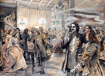 ピョートル大帝 (Pierre le grand) の宮廷でのイースターのお祝い - Peinture de Elena Petrovna Samokish Sudkovskaya (Samokish-Sudkovskaya)(1863-1924) - 水彩、厚紙にグワッシュ、25,38x35 - 個人蔵 作： Elena Petrovna Samokish Sudkovskaya