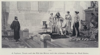 古代ギリシャの芸術家ゼウキシスが、トロイのヘレンを描いた絵のモデルをクロトーネの街の最も美しい女性の中から選んだ（エングレービング 作： Eleuterio Pagliano