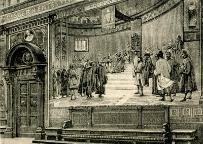 イタリア、マルケ州マチェラータ、エリア・ボンチ（1866-1953）作、バルナービト宮殿の大広間のフレスコ画 作： Elia Bonci