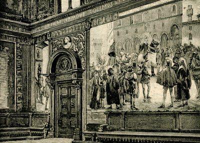 イタリア、マルケ州マチェラータ、エリア・ボンチ（1866-1953）作、バルナービト宮殿の大広間のフレスコ画 作： Elia Bonci