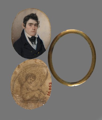 ジョンハスレットメリーランド州の肖像、1822年頃（象牙色の肖像、印刷された名刺（台紙）と真鍮のライナーとレンズ） 作： Eliab Metcalf