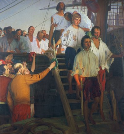Juan Sebastian Elcano e sua tripulação, pintando 作： Elias Salaverria Inchaurrandieta