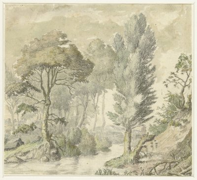 右側に丘があり、中央に水がある森の風景 作： Elias van Nijmegen