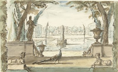 池、噴水、孔雀のある庭園の眺め 作： Elias van Nijmegen