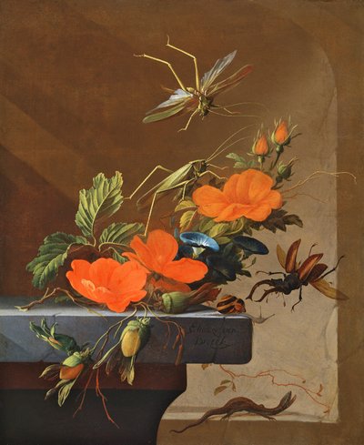 バラの花束、朝顔、ヘーゼルナッツ、バッタ、クワガタ、トカゲ 作： Elias van den Broeck