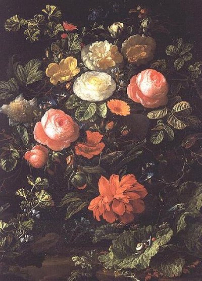 バラ、昆虫、カタツムリのある静物 作： Elias van den Broeck
