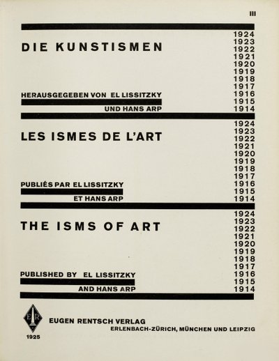 タイトルページ：芸術。エル・リシツキーとハンス・アルプによるアートのイズム、1925年。 作： Eliezer Markowich Lissitzky
