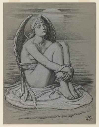 バウンドエンジェル、1891年（織紙に白黒チョークまたはクレヨン） 作： Elihu Vedder
