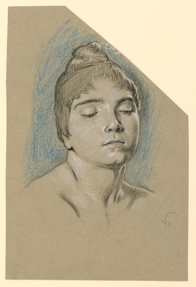 目を閉じた若い女性のポートレート スケッチ 作： Elihu Vedder