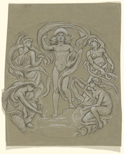 ハンティントン天井のセンターサークルの習作：アポロとアテンダント 作： Elihu Vedder