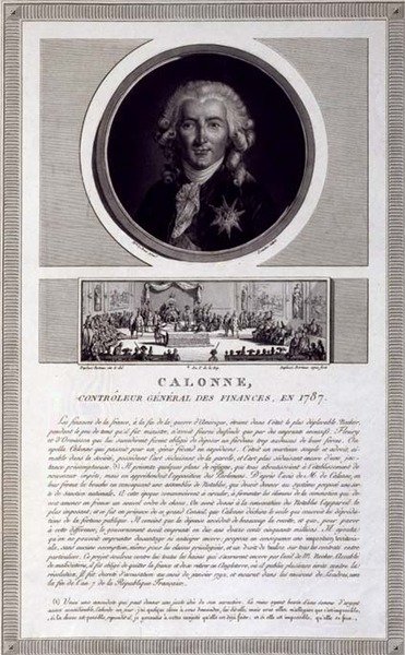1787年、財政監督官カロンヌ、シャルル・ルヴァシェ（1760-1820年頃）が彫った肖像画、ジャン・デュプレシス＝ベルトー（1747-1819年）が描いた貴族議会の様子、1803年頃（彫刻）。 作： Elisabeth Louise (after) Vigee Lebrun