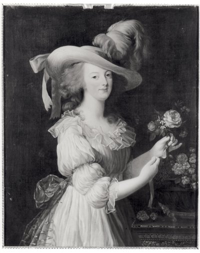 1783年以降のマリーアントワネット（1755-93）の肖像画のコピー（キャンバスに油彩）（白黒写真） 作： Elisabeth Louise (after) Vigee Lebrun