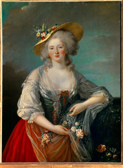 ルイ16世の妹、エリザベート・フィリピーヌ・マリー・ヘレーヌ（マダム・エリザベート、1764年～1794年）の肖像 1782年に描かれた、花を差し出す田舎風の衣装を着たマリー・エリザベート・ルイーズ・ヴィジェ・ル・ブラン（またはヴィジェ・ルブル）による絵画。 作： Elisabeth Louise Vigee Lebrun