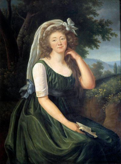 ルイ15世の愛妾であったデュ・バリー伯爵夫人（またはマダム）ジャンヌ・ベキュ（1743年～1793年）の肖像、46歳の時にルーヴシエンヌで マリー・エリザベート・ルイーズ・ヴィジェ・ル・ブラン（またはヴィジェ・ルブラン、またはヴィジェ・ルブラン）（1755年～1842年）が描いたもの。1789年9月 作： Elisabeth Louise Vigee Lebrun