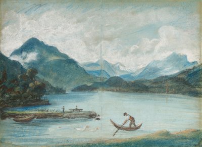 小さなボートと2つの白鳥を漕ぐ男とジュネーブ湖の眺め 作： Elisabeth Louise Vigee Lebrun