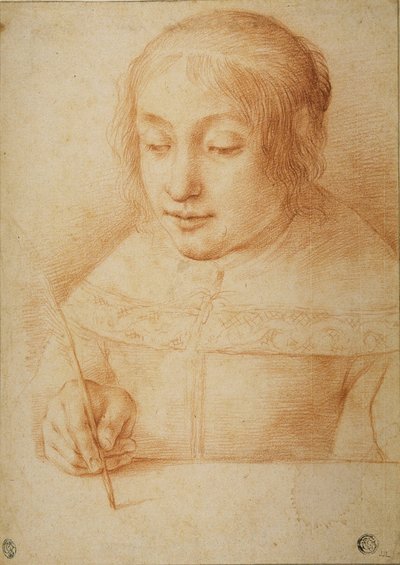 書いたり絵を描いたりする若い女性 作： Elisabetta Sirani
