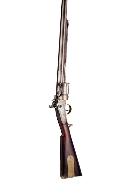 ミリタリータイプの28口径コリアー特許5ショット手回転フリントロック回転ライフル、c.1819-20（木材、鋼、真ちゅう） 作： Elisha Haydon Collier