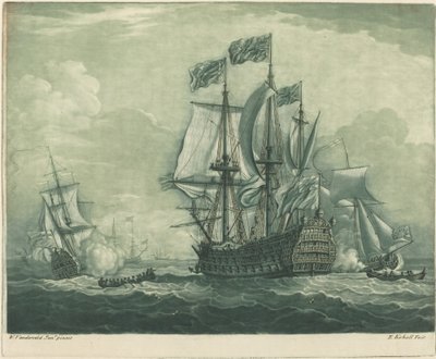 1720 年代のマン・オブ・ウォーとの出荷シーン。 作： Elisha Kirkall