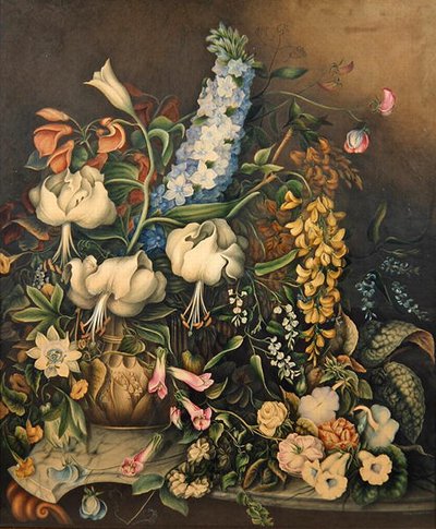 大理石の天板のコンソールテーブルに置かれた花瓶の花 作： Eliza F. Daniel