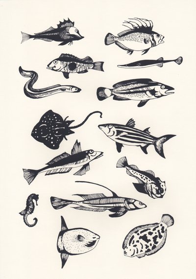 Monotone Plain Fish、2015年（スクリーンプリント） 作： Eliza Southwood