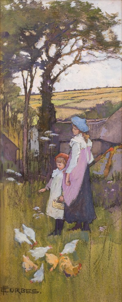ニワトリに餌をやる (ボードにパステル、水彩) 作： Elizabeth Adela Stanhope Forbes
