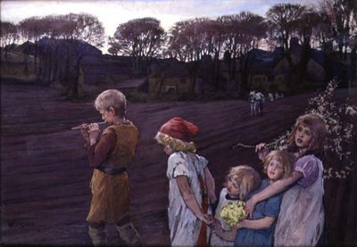 春の寓話「笛吹き男」（油彩・キャンバス） 作： Elizabeth Adela Stanhope Forbes