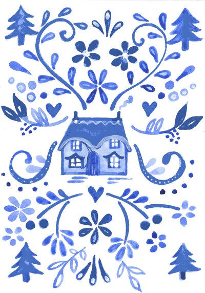 青いコテージ、2017年（水彩画） 作： Elizabeth Rider