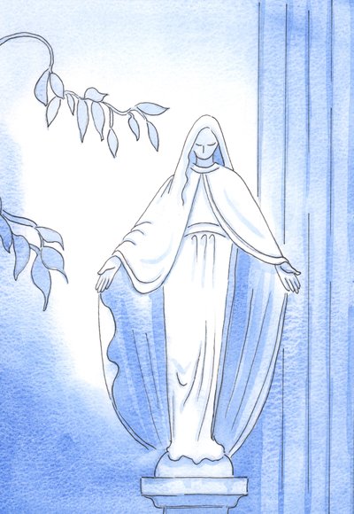 庭の彫像：ここでは、聖母の心のこもった神へのアプローチを見ることができます。彼女はいつも彼に尋ねました：「あなたは私に何をしてほしいですか？」、2002年（紙にw - c） 作： Elizabeth Wang