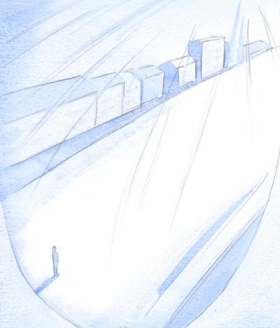 人の人生は、何もない通りのように、神の輝かしい建物が生まれる準備ができているように、前に伸びています（人がフェンスを建てたり、私的な野心を持っていない場合）、2001年（紙にw - c） 作： Elizabeth Wang