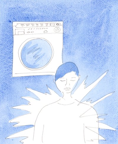 洗濯機の内部は、頻繁な洗濯で、その中の衣服の動きを通して明るく輝いています。2002年（紙にw - c） 作： Elizabeth Wang
