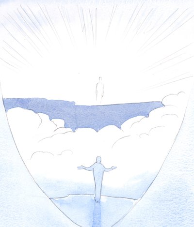 私たちの死の「戸口」の後、キリストは彼を愛する人に出て行って、運ばれることに自信を持って深淵を渡るように勧めます、2001年（紙にw - c） 作： Elizabeth Wang
