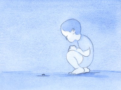 この子供が観察する昆虫のようなすべての奇妙な生き物は、神の寛大さと人間の喜びのために作られました。それでも今、私たちは不完全で自然が乱れている、2002年（紙にw - c） 作： Elizabeth Wang