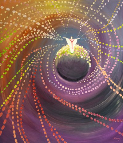 すべての聖人と天使は、2000年にミサでキリストが父にささげる賛美に加わります（船上の油） 作： Elizabeth Wang