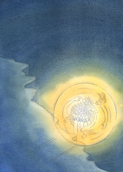 神の三位一体の生活を共有するすべての人は、まるで崖を転がり落ちるように、死んでも安心できますが、2003年に反対側に到達するまで神の光の中で空中に浮かんでいました（紙にw - c） 作： Elizabeth Wang