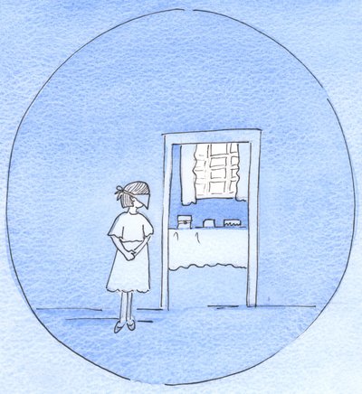 愛情深い父親がパーティーの前に、準備ができている間、目隠しをして待つように彼女に頼むことによって、子供の喜びを増すので、神は私たちの利益のために、前に喜びを隠すかもしれません、2003年（紙にw - c） 作： Elizabeth Wang