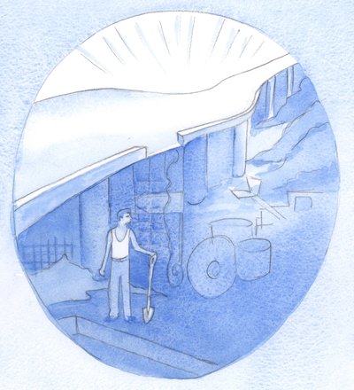 疲れ果てた職人が、ある日、彼の労働によって建てられた輝く道を見て驚いたかもしれないので、2001年に神の「実」が私たちの生活からはじけるとき、私たちはいつか驚嘆するでしょう（紙にw - c） 作： Elizabeth Wang