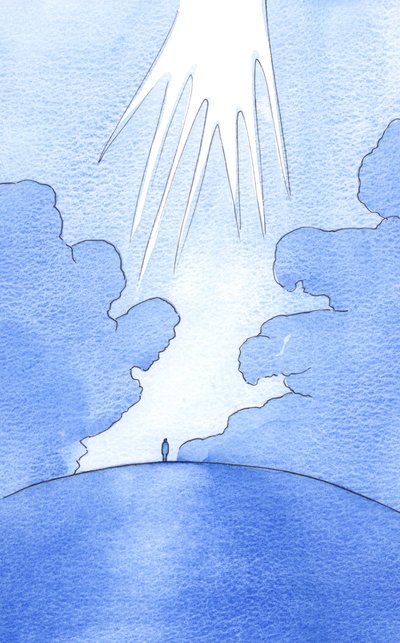 強力な力だけが地球上の雲を押しのけることができるので、強力な瞑想的な祈りだけが、神の光が貧しい人々を照らすための「道」を作ります、2002年（紙にw - c） 作： Elizabeth Wang