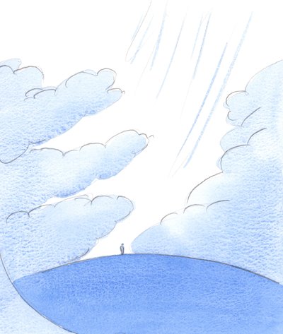 強力な力だけが地球上の雲を押しのけることができるので、強力な瞑想的な祈りだけが、神の光が貧しい人々を照らすための「道」を作ります、2002年（紙にw - c） 作： Elizabeth Wang