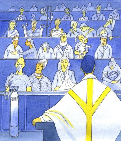 司祭がミサで説教し教える準備をしている彼の会衆を見るとき、彼は彼らがどれほど困窮しているのかを覚えておくべきです、2001年（紙にw - c） 作： Elizabeth Wang