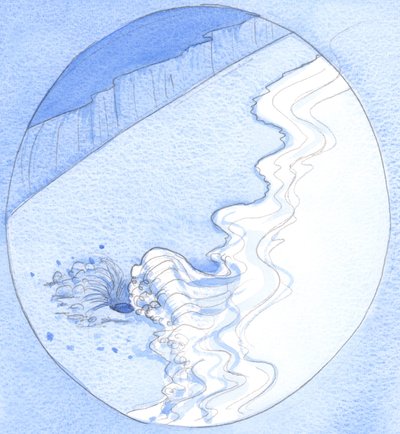 くぼみが砂にすくわれるときのように、海の波が注がれるので、神の生命は愛することによってそれを受け取るために「空にされる」魂に注がれます、2002年（紙にw - c） 作： Elizabeth Wang
