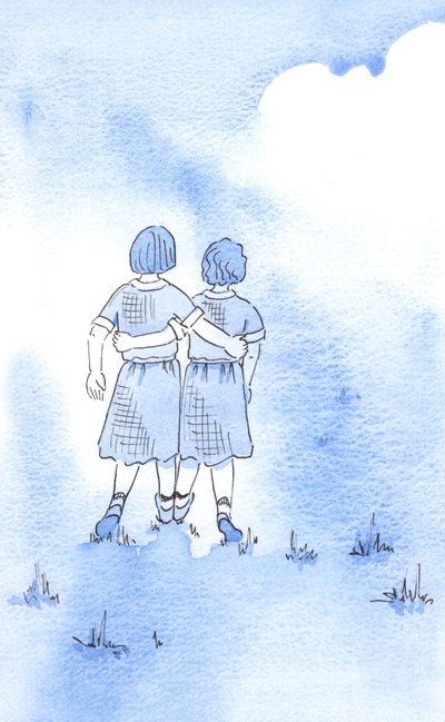 私たちの同意があれば、キリストは私たちを彼との「双子の関係」に引き込むことができます。子供たちがお互いを抱きしめ、同じ方向に熱心にレースをしているときのように、2002年（紙にw - c） 作： Elizabeth Wang