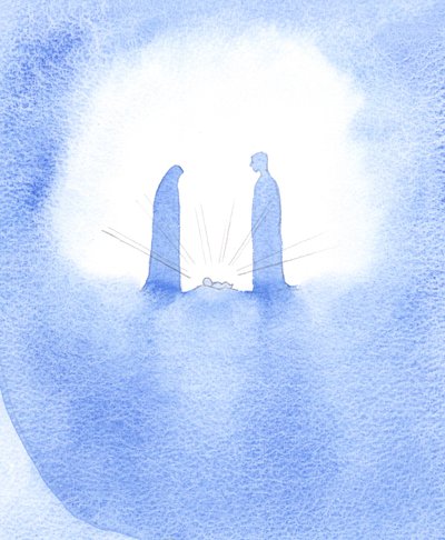 奇跡的な赤ん坊（その母はまだ処女の神聖さで彼の前に立っていた）を見て、聖ヨセフは彼の信仰に対して強力に報われました。、2001年（紙にw - c） 作： Elizabeth Wang
