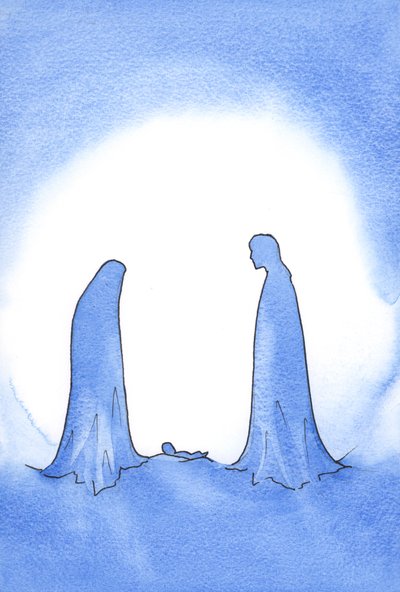 奇跡的な赤ん坊（その母はまだ処女の神聖さで彼の前に立っていた）を見て、聖ヨセフは彼の信仰に対して強力に報われました。、2001年（紙にw - c） 作： Elizabeth Wang