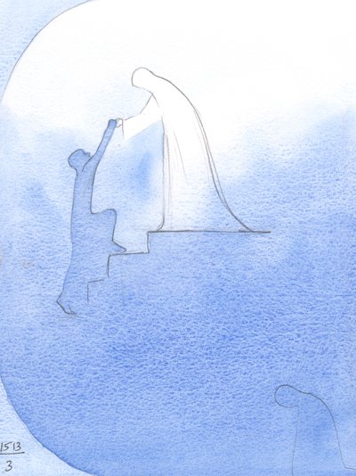 亡くなった魂の助けを求めて、私は私たちの祝せられた女性が彼女の手を差し出し、天国の「端」に寄りかかって彼を栄光に引き上げるのを見ました。、2001年（紙にw - c） 作： Elizabeth Wang
