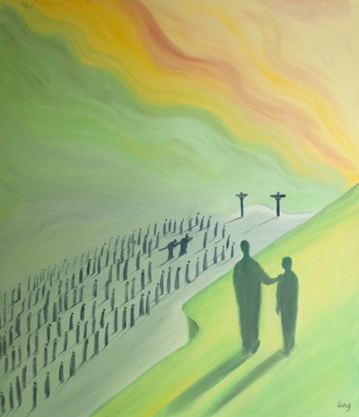 キリストの受難について瞑想することによって、私たちはキリストに感謝し、他の人に思いやりを抱くようになります、2000年（船内の油） 作： Elizabeth Wang